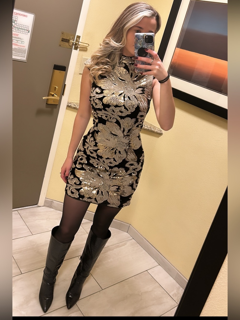 Guess Black and Gold Velvet Mini Dress - Picture 2 of 2